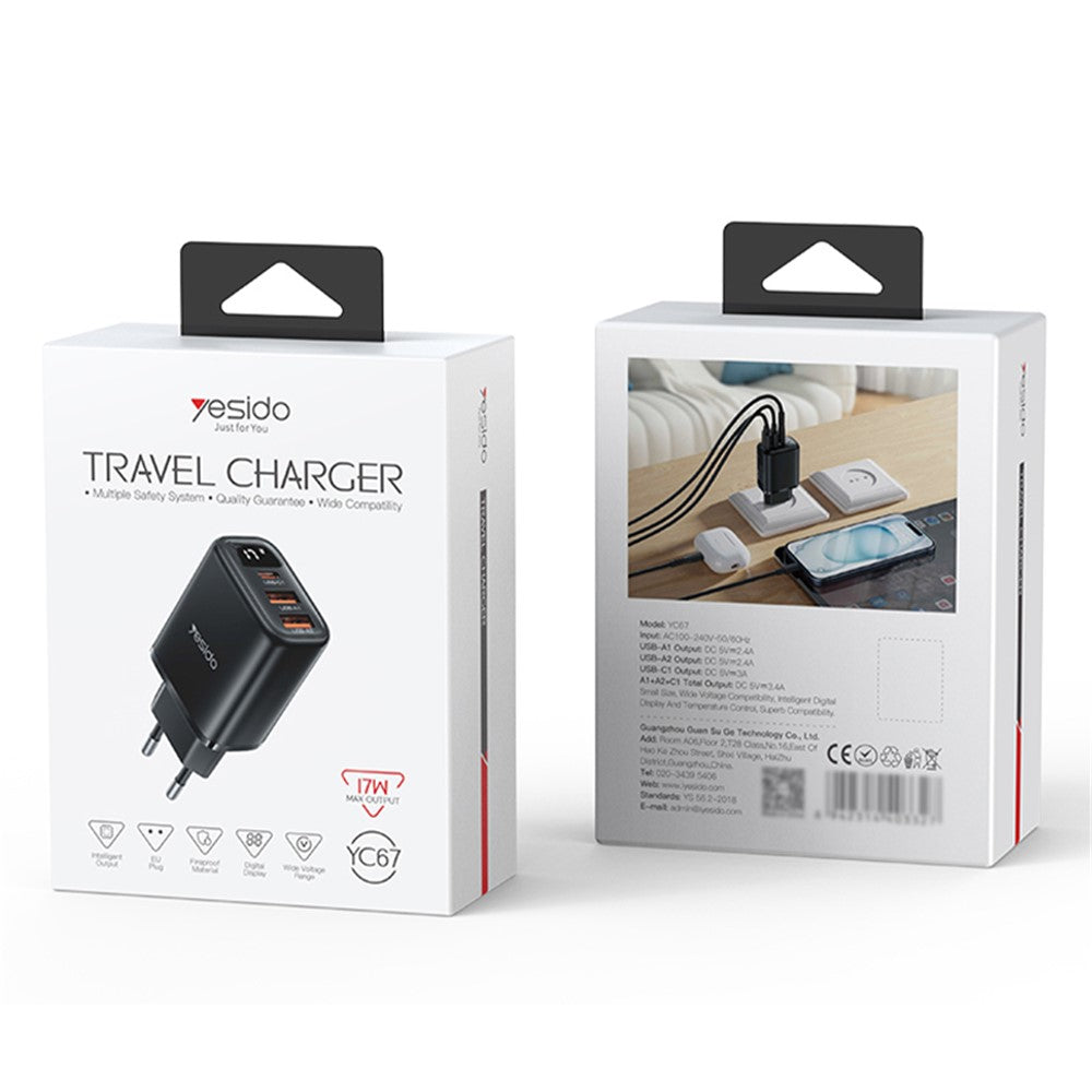 Punjač mreže Yesido YC67 Display, 17W, 2.4A, 2 x USB-A - 1 x USB-C, Crni
