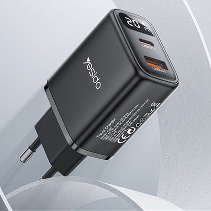 Mrežni punjač Yesido YC68, 20W zaslon, 3A, 1 x USB-A - 1 x USB-C, Crni