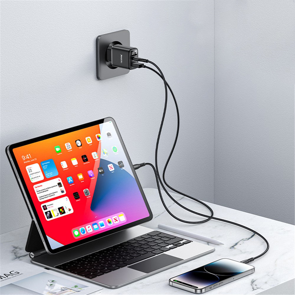 Mrežni punjač Yesido YC68, 20W zaslon, 3A, 1 x USB-A - 1 x USB-C, Crni