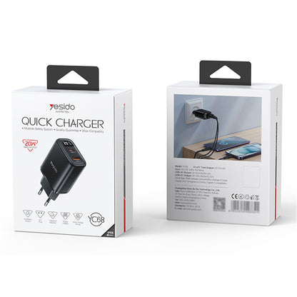 Mrežni punjač Yesido YC68, 20W zaslon, 3A, 1 x USB-A - 1 x USB-C, Crni
