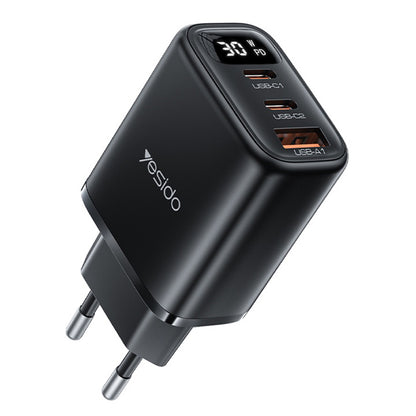 Punjač mreže Yesido YC69 Display, 30W, 3A, 1 x USB-A - 2 x USB-C, Crni