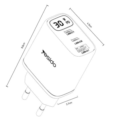 Punjač mreže Yesido YC69 Display, 30W, 3A, 1 x USB-A - 2 x USB-C, Crni