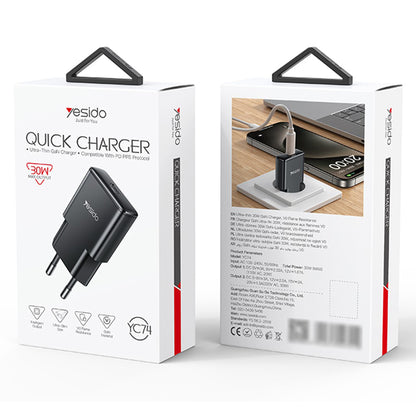 Punjač za mrežu Yesido YC74, 30W, 3A, 1 x USB-C, Crni