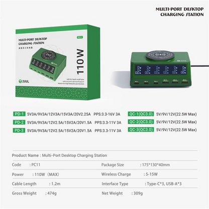 Punjač Stanica 2UUL PC11 QI, 110W, 3A, 3 x USB-A - 3 x USB-C, Zelena