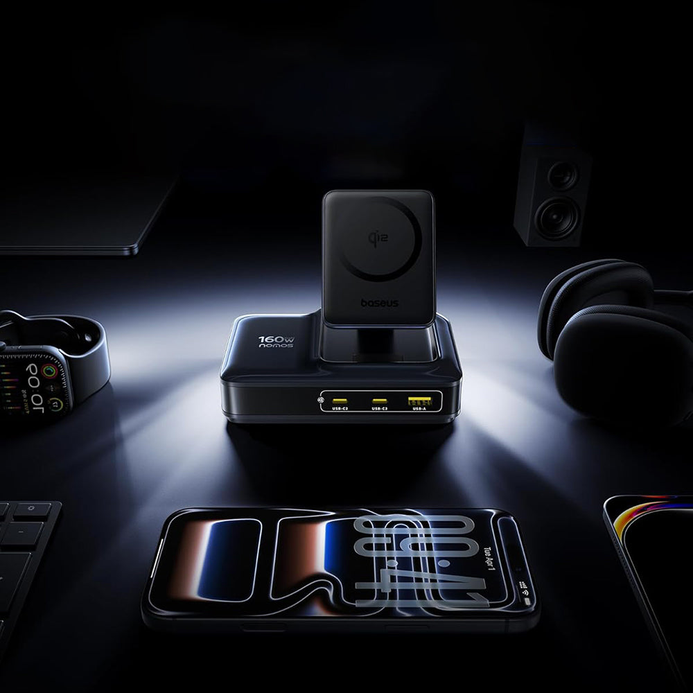 Punjač Stanica Baseus Nomos NH21 QI 5in1, 160W, 5A, 1 x USB-A - 2 x USB-C, Crna E0121700