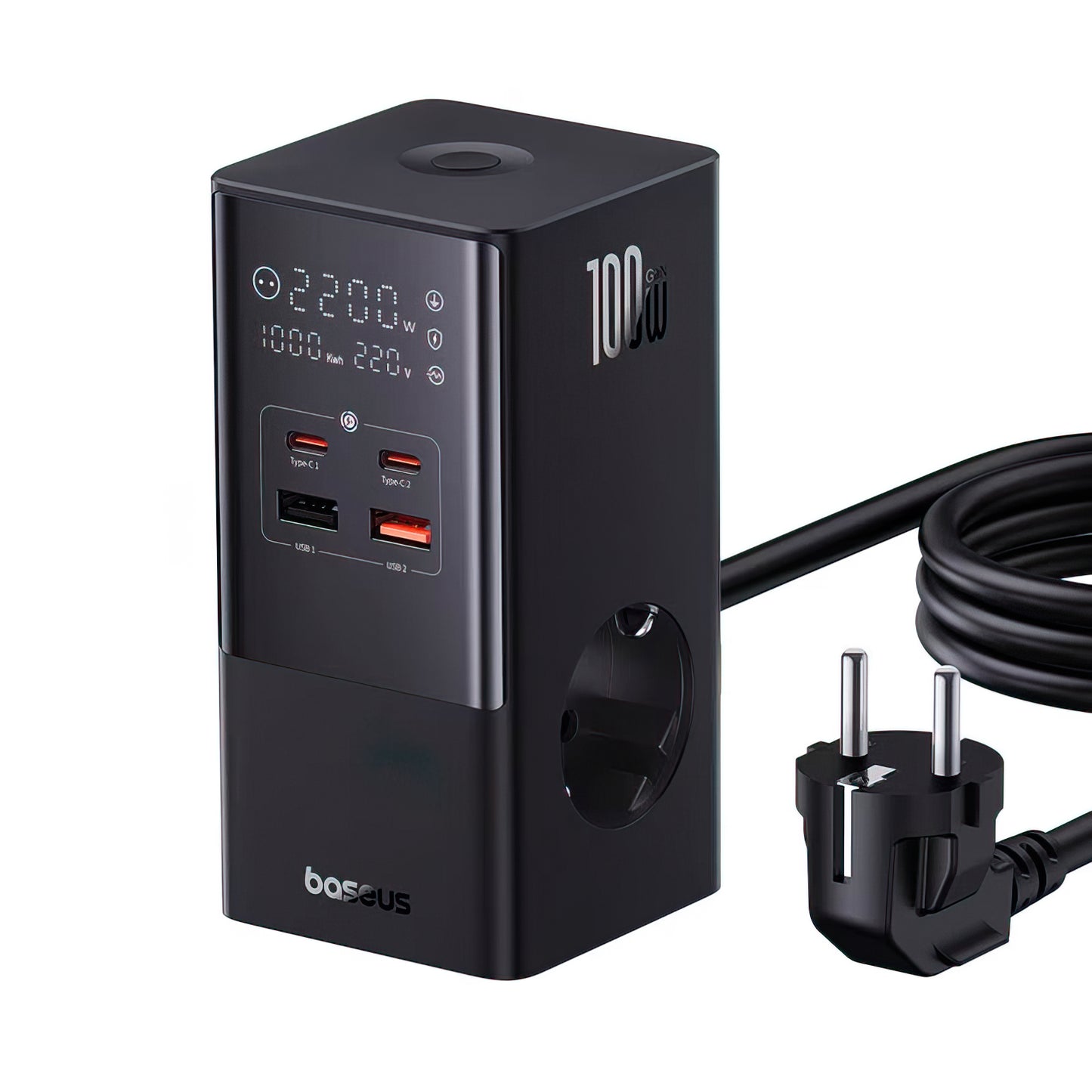 Punjač Stanica Baseus PowerCombo Tower, 100W, 5A, 2 x Schuko - 2 x USB-A - 2 x USB-C, Crna E00023609113-00