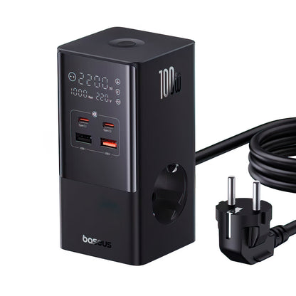 Punjač Stanica Baseus PowerCombo Tower, 100W, 5A, 2 x Schuko - 2 x USB-A - 2 x USB-C, Crna E00023609113-00