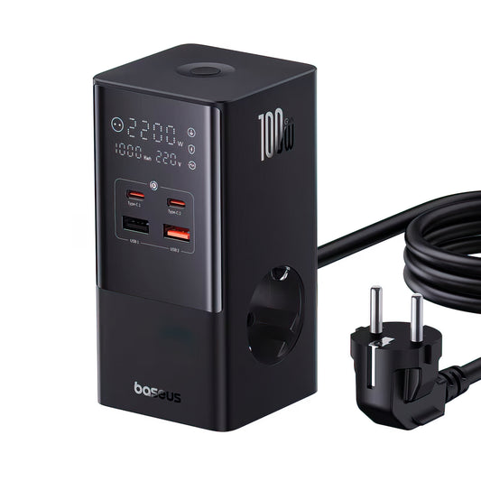 Punjač Stanica Baseus PowerCombo Tower, 100W, 5A, 2 x Schuko - 2 x USB-A - 2 x USB-C, Crna E00023609113-00
