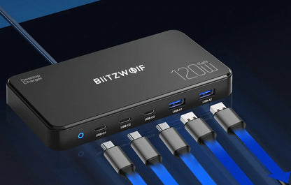 Punjač Stanica BlitzWolf BW-i100, 120W, 5A, 2 x USB-A - 3 x USB-C, Crna