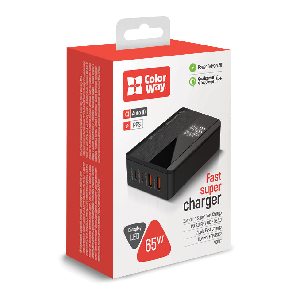 Punjač Stanica ColorWay Display, 65W, 3.25A, 2 x USB-A - 2 x USB-C, Crna