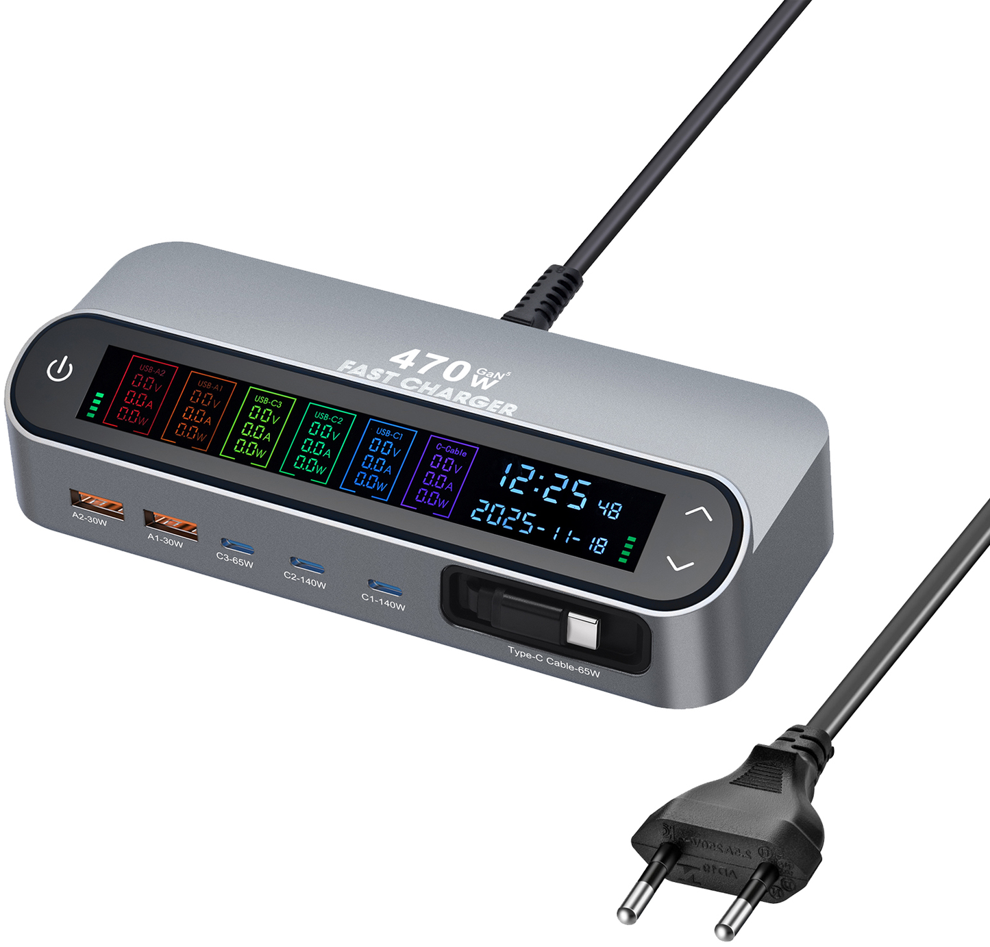 Punjač stanica s USB-C kabelom OEM LCD470W, 470W, 5A, 2 x USB-A - 3 x USB-C, Siva