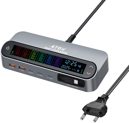 Punjač stanica s USB-C kabelom OEM LCD470W, 470W, 5A, 2 x USB-A - 3 x USB-C, Siva