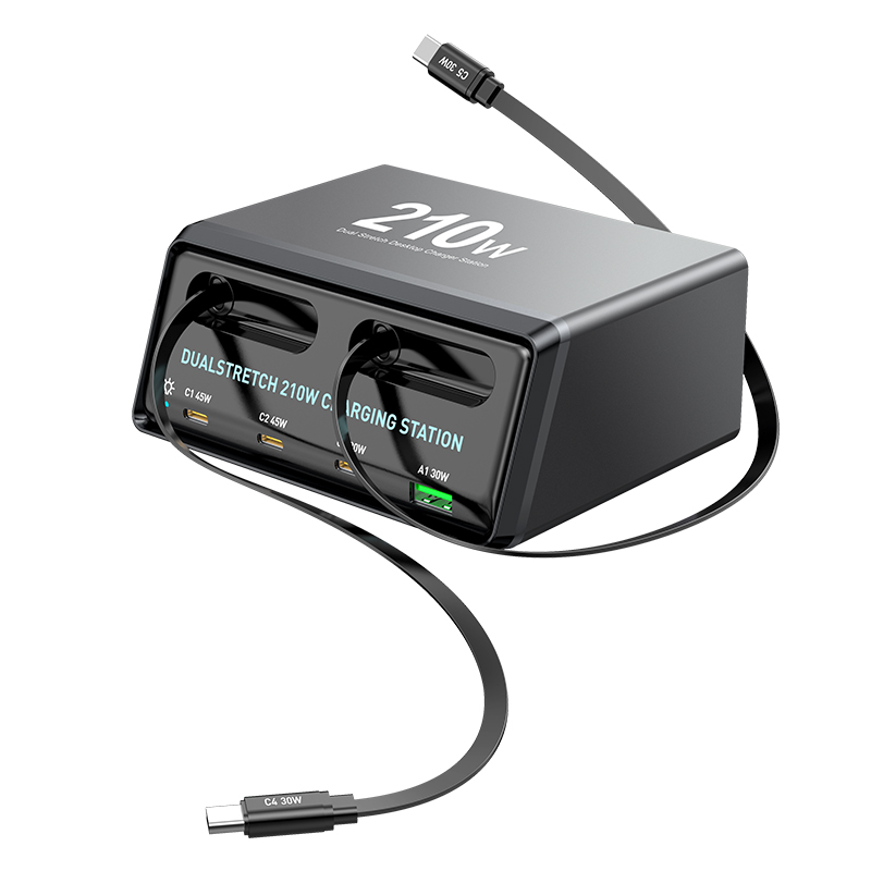 Punjač stanice s USB-C kabelom OEM WLX-60E, 210W, 3A, 1 x USB-A - 3 x USB-C, Siva