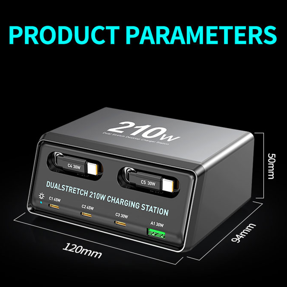 Punjač stanice s USB-C kabelom OEM WLX-60E, 210W, 3A, 1 x USB-A - 3 x USB-C, Siva