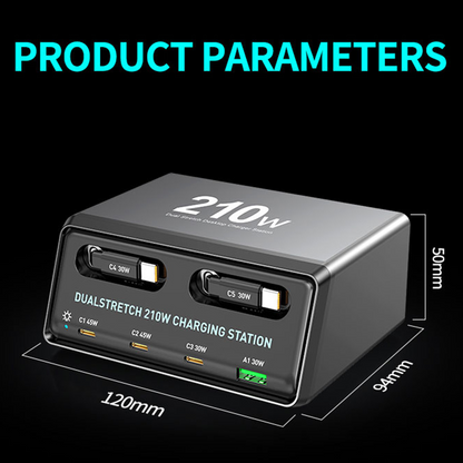 Punjač stanice s USB-C kabelom OEM WLX-60E, 210W, 3A, 1 x USB-A - 3 x USB-C, Siva