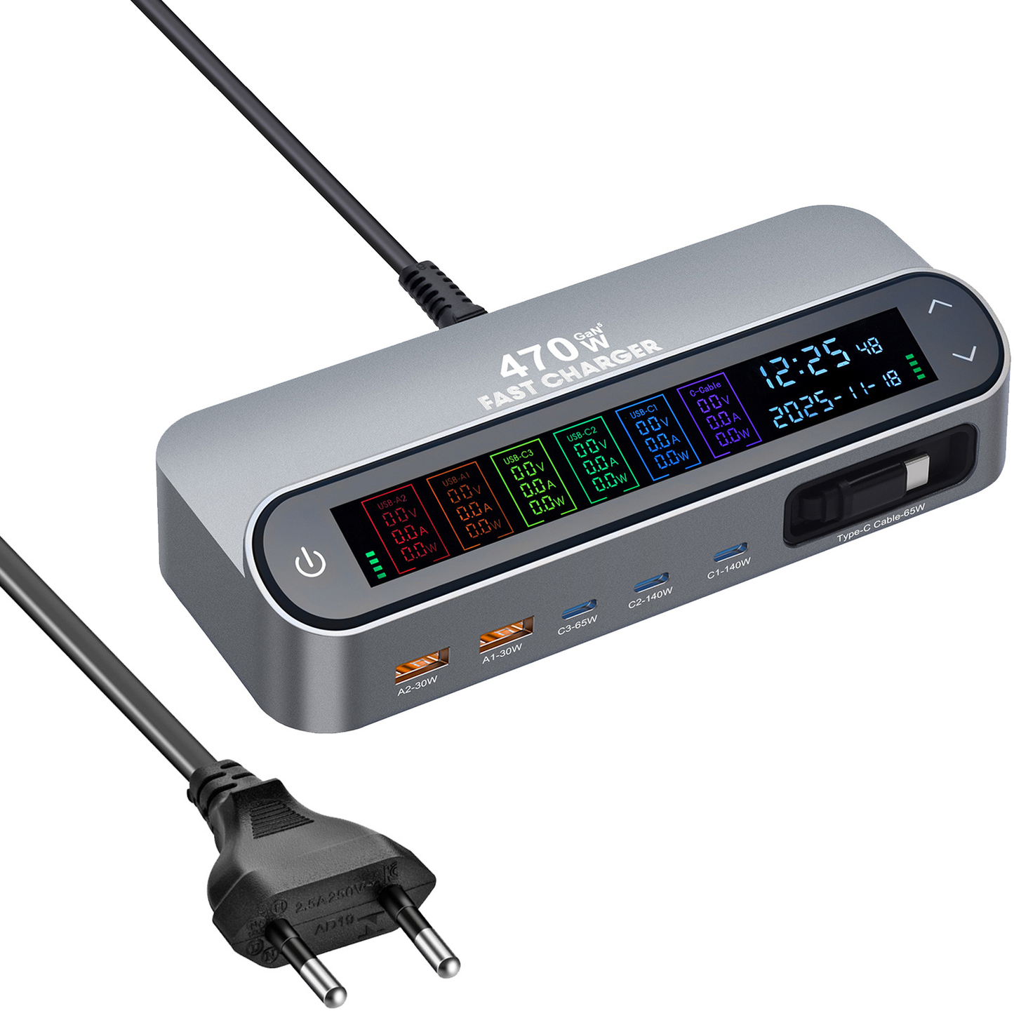 Punjač stanica s USB-C kabelom OEM LCD470W, 470W, 5A, 2 x USB-A - 3 x USB-C, Siva
