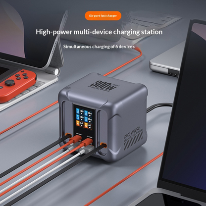 Punjač stanice s USB-C kabelom OEM HW866, 300W, 5A, 2 x USB-A - 2 x USB-C, Siva