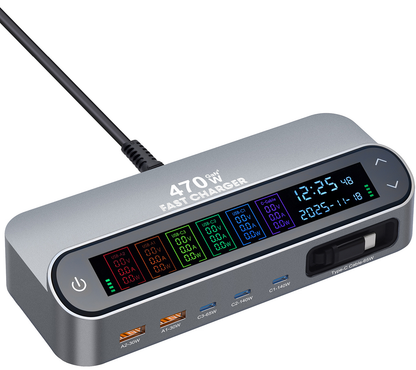 Punjač stanica s USB-C kabelom OEM LCD470W, 470W, 5A, 2 x USB-A - 3 x USB-C, Siva