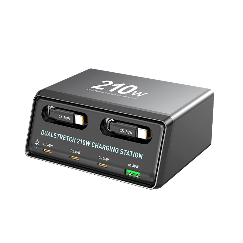 Punjač stanice s USB-C kabelom OEM WLX-60E, 210W, 3A, 1 x USB-A - 3 x USB-C, Siva