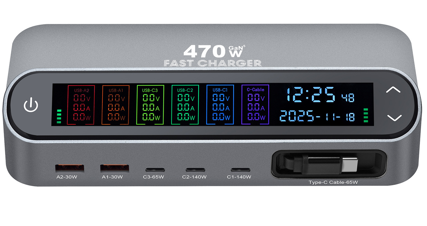 Punjač stanica s USB-C kabelom OEM LCD470W, 470W, 5A, 2 x USB-A - 3 x USB-C, Siva