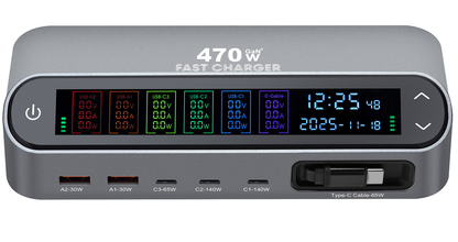 Punjač stanica s USB-C kabelom OEM LCD470W, 470W, 5A, 2 x USB-A - 3 x USB-C, Siva