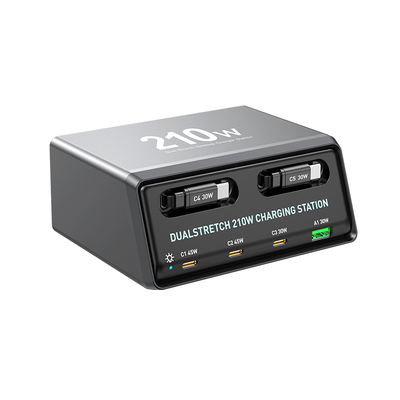Punjač stanice s USB-C kabelom OEM WLX-60E, 210W, 3A, 1 x USB-A - 3 x USB-C, Siva