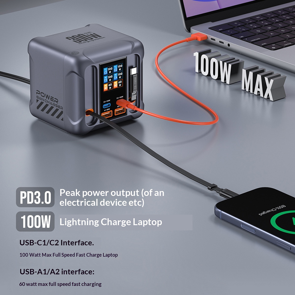 Punjač stanice s USB-C kabelom OEM HW866, 300W, 5A, 2 x USB-A - 2 x USB-C, Siva