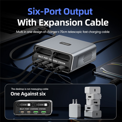 Punjač stanica s USB-C kabelom OEM WLX-60C, 130W, 2 x USB-A - 2 x USB-C, Siva