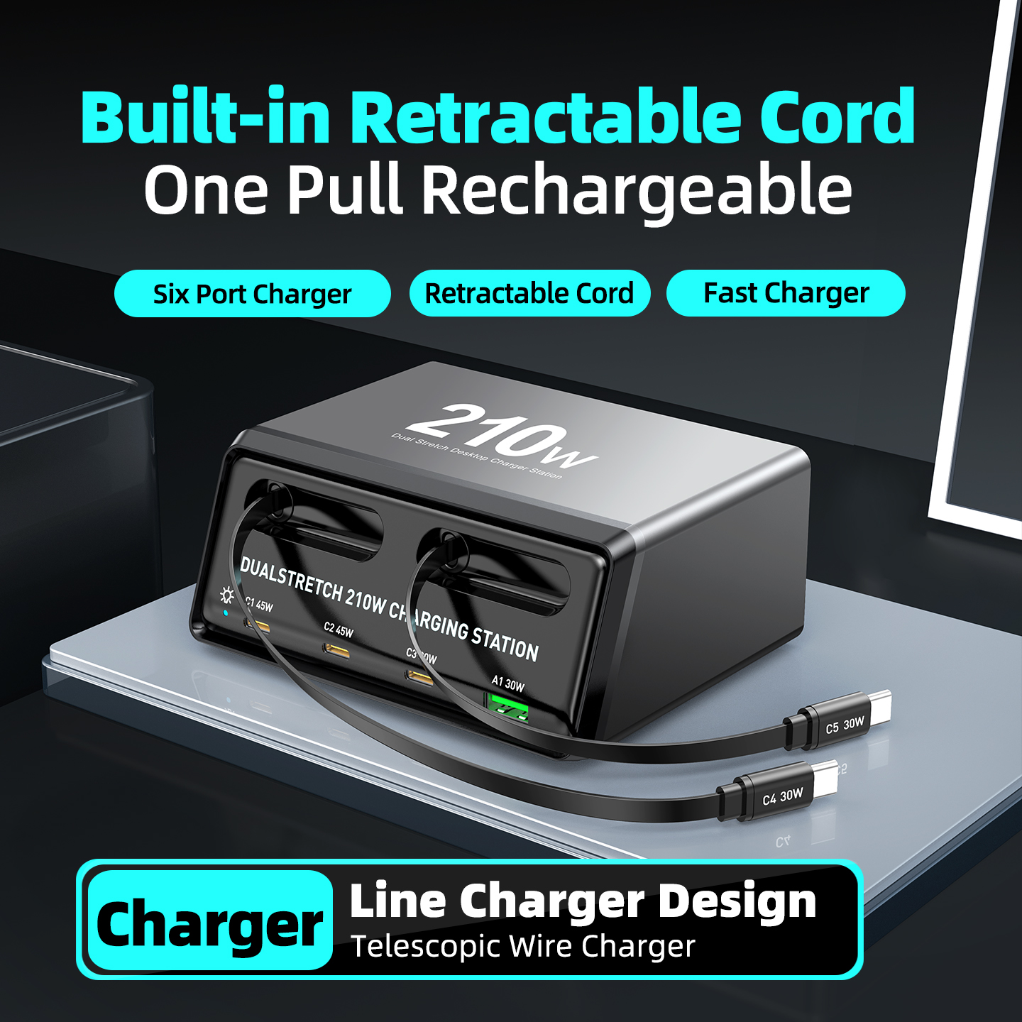 Punjač stanice s USB-C kabelom OEM WLX-60E, 210W, 3A, 1 x USB-A - 3 x USB-C, Siva