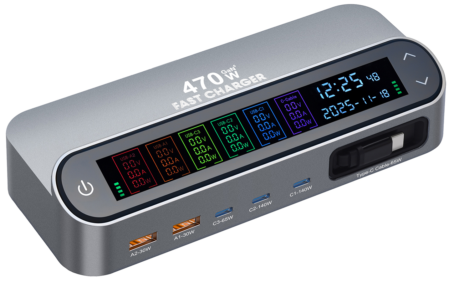 Punjač stanica s USB-C kabelom OEM LCD470W, 470W, 5A, 2 x USB-A - 3 x USB-C, Siva
