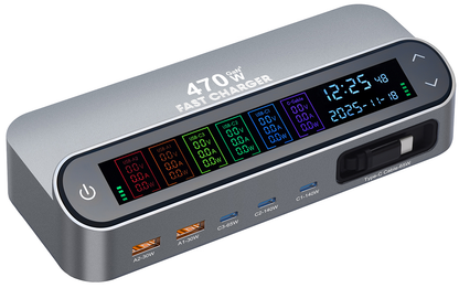 Punjač stanica s USB-C kabelom OEM LCD470W, 470W, 5A, 2 x USB-A - 3 x USB-C, Siva