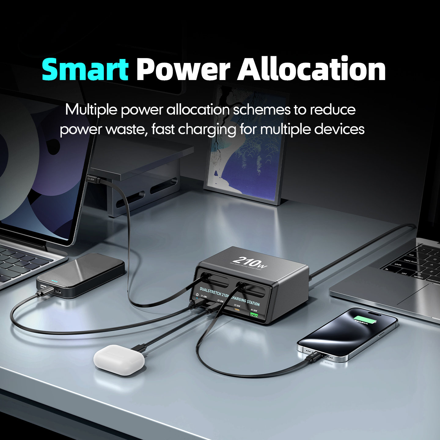 Punjač stanice s USB-C kabelom OEM WLX-60E, 210W, 3A, 1 x USB-A - 3 x USB-C, Siva