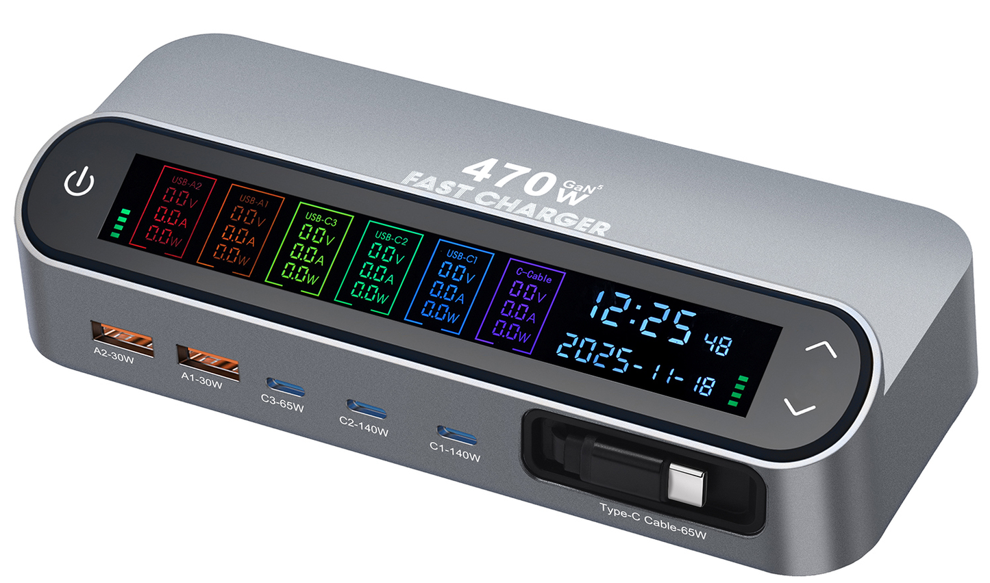 Punjač stanica s USB-C kabelom OEM LCD470W, 470W, 5A, 2 x USB-A - 3 x USB-C, Siva