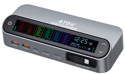 Punjač stanica s USB-C kabelom OEM LCD470W, 470W, 5A, 2 x USB-A - 3 x USB-C, Siva
