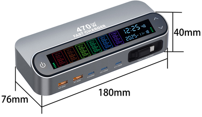 Punjač stanica s USB-C kabelom OEM LCD470W, 470W, 5A, 2 x USB-A - 3 x USB-C, Siva