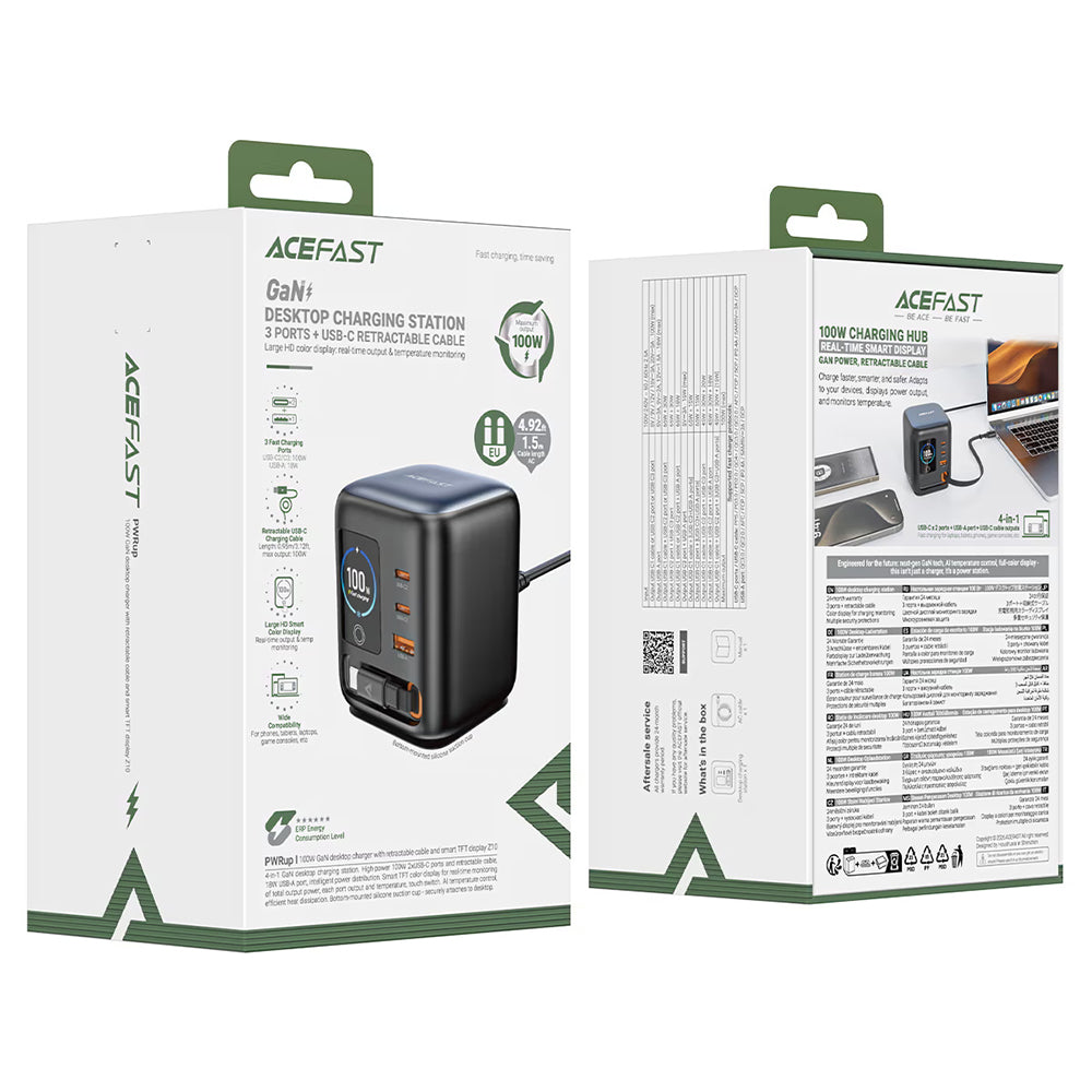 Punjač stanica s USB-C kabelom Acefast Z10, 100W, 1 x USB-A - 2 x USB-C, Crna