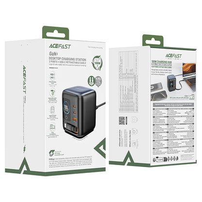 Punjač stanica s USB-C kabelom Acefast Z10, 100W, 1 x USB-A - 2 x USB-C, Crna