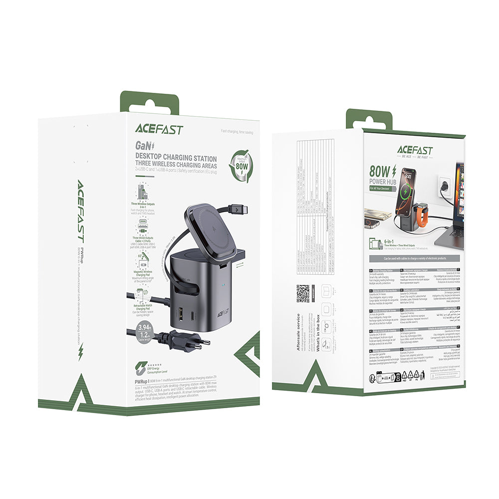 Punjač Stanica s USB-C kabelom Acefast Z9 QI 6in1, 80W, 1 x USB-C - 1 x USB-A, Crna