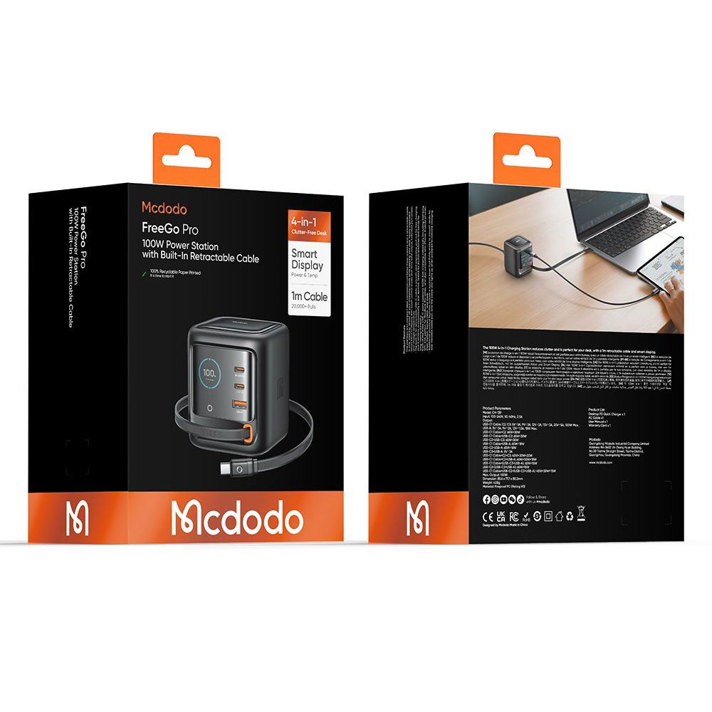 Punjač stanica s USB-C kabelom Mcdodo FreeGo CH-1391 zaslon, 100W, 5A, 1 x USB-A - 2 x USB-C, Crna