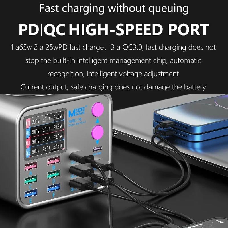 Punjač Stanica MaAnt DianBa No.2 QI, 300W, 3A, 3 x USB-C - 9 x USB-A, Sivi