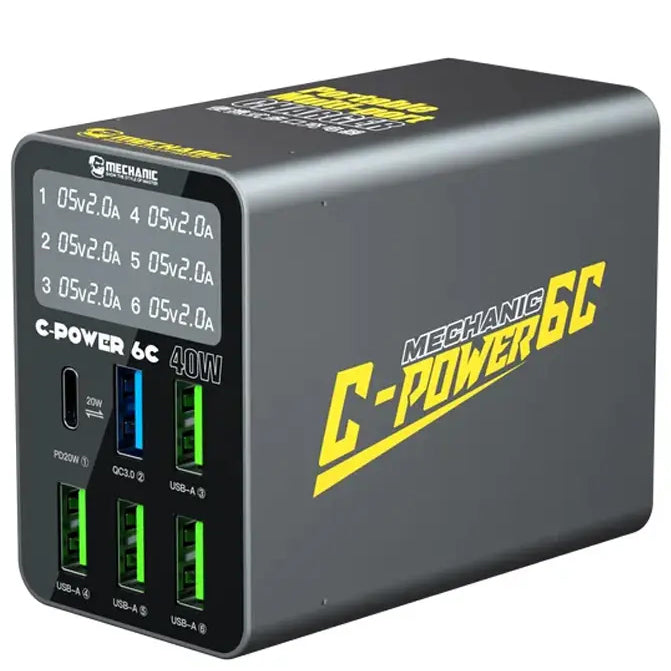 Punjač Stanica Mechanic 6C s zaslonom, 40W, 3A, 1 x USB-C - 5 x USB-A, Crna