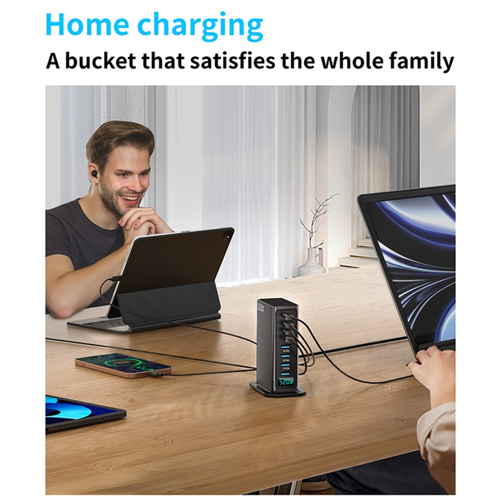 OEM stanica punjač, 520W, 5A, 4 x USB-A - 4 x USB-C, Siva