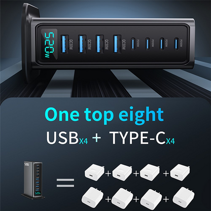 OEM stanica punjač, 520W, 5A, 4 x USB-A - 4 x USB-C, Siva
