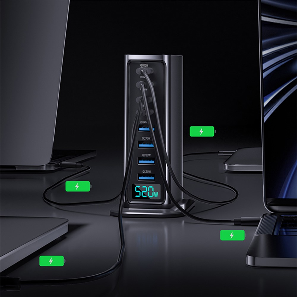 OEM stanica punjač, 520W, 5A, 4 x USB-A - 4 x USB-C, Siva