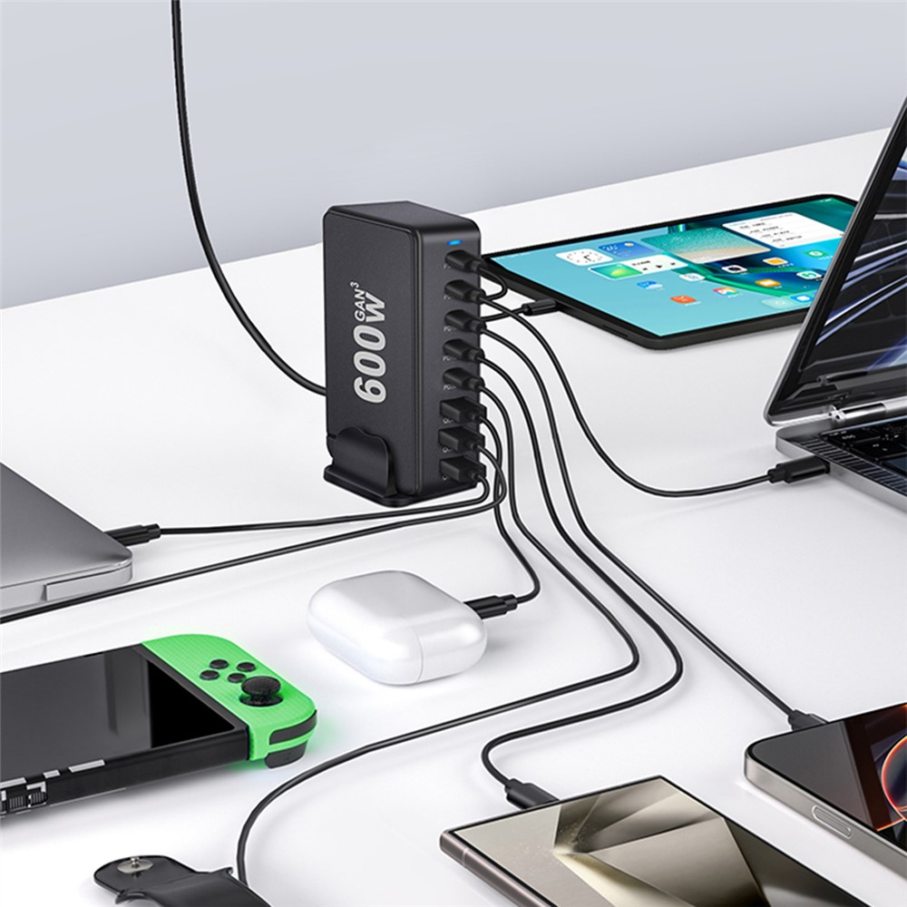 OEM stanica punjač, 600W, 4 x USB-A - 4 x USB-C, Crna