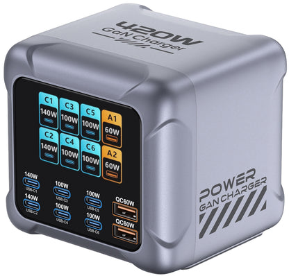 Punjač Stanica OEM BK-126D, 140W, 5A, 2 x USB-A - 6 x USB-C, Siva