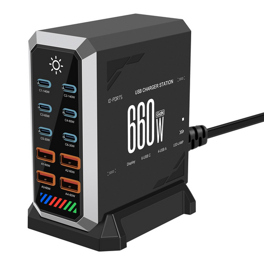 Punjač Stanica OEM HW18, 660W, 5A, 4 x USB-A - 6 x USB-C, Crna