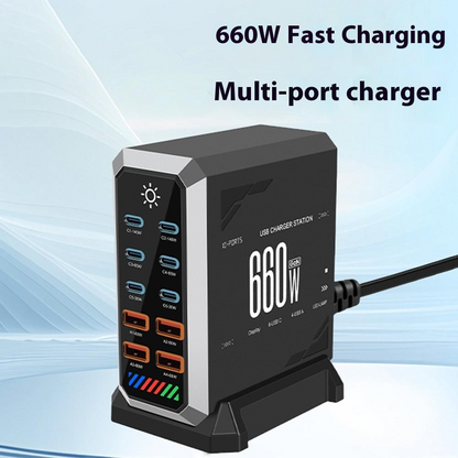 Punjač Stanica OEM HW18, 660W, 5A, 4 x USB-A - 6 x USB-C, Crna