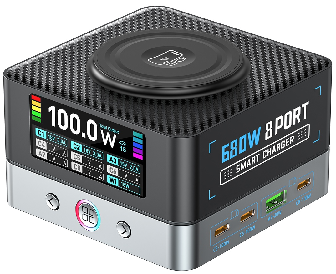 Punjač Stanica OEM WLX-R8A QI, 140W, 5A, 2 x USB-A - 6 x USB-C, Siva