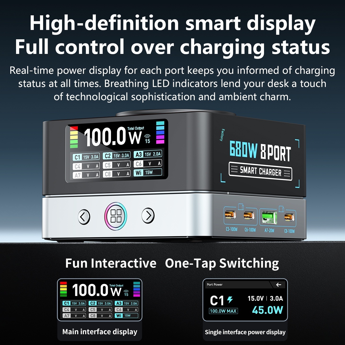 Punjač Stanica OEM WLX-R8A QI, 140W, 5A, 2 x USB-A - 6 x USB-C, Siva